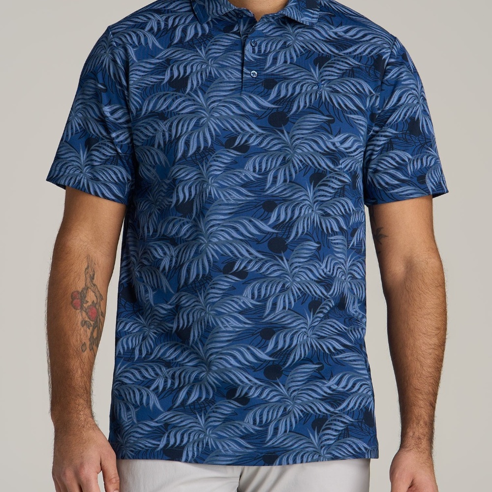 American Tall Cotton Stretch Print Polo Shirt for Tall Men in Blue Palm Size LL